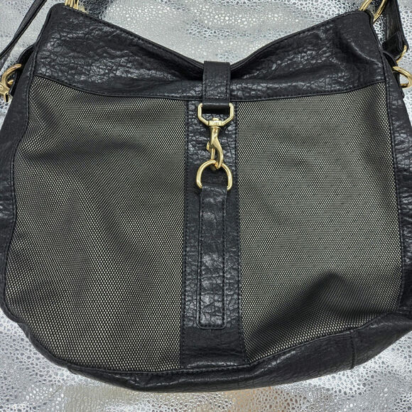 NEW Kate Landry Large Black Gold Canvas & Leather Hobo Shoulder Bag - Picture 2 of 11